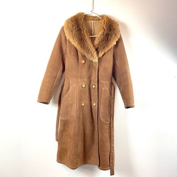 Vintage Women’s Sawyer Of Napa / Long Sheepskin Sheerling Lined Leather Coat 14 - Picture 1 of 16